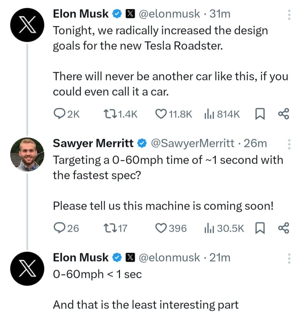 Elon Musk Drops Electric Bombshell: Tesla's New Roadster Targets Sub-1 Second 0-60mph, Teases Even More Game-Changing Surprises! Elon Musk Drops Electric Bombshell: Tesla's New Roadster Targets Sub-1 Second 0-60mph, Teases Even More Game-Changing Surprises!