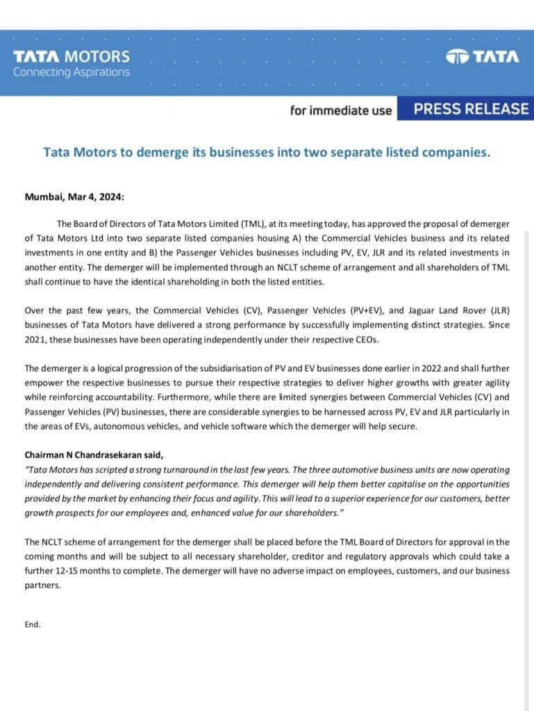 Tata Motors Unveils Bold Demerger Plan: Commercial and Passenger Vehicles to Head Separate Publicly Listed Companies Tata Motors Unveils Bold Demerger Plan: Commercial and Passenger Vehicles to Head Separate Publicly Listed Companies