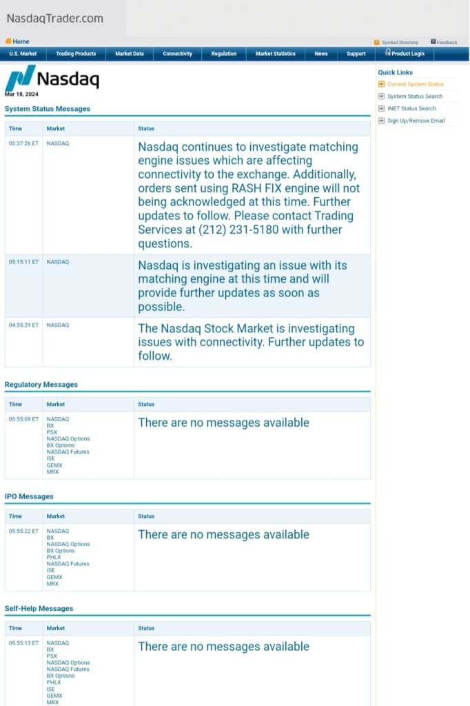 Nasdaq Investigating Connectivity Issues and Matching Engine Problems Nasdaq Investigating Connectivity Issues and Matching Engine Problems