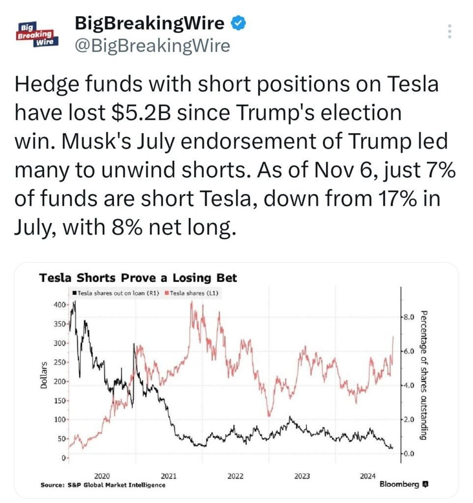 Wedbush Raises Tesla Price Target to $400 as Hedge Funds Bet on Banks and Short Renewable Energy Amid Trump Election Win