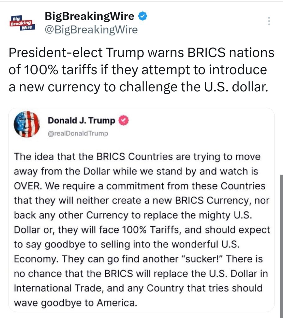 Trump Warns BRICS: 100% Tariffs for Any Move Against the U.S. Dollar