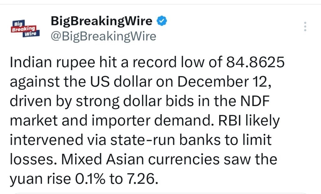 Indian Rupee Hits Record Low as Dollar Demand Soars; RBI Steps in with Intervention