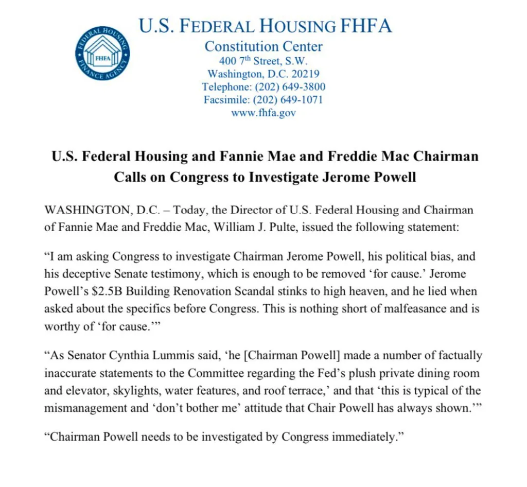 FHFA Director Urges Congress to Investigate Fed Chairman Jerome Powell Over $2.5 Billion Scandal FHFA Director Urges Congress to Investigate Fed Chairman Jerome Powell Over $2.5 Billion Scandal