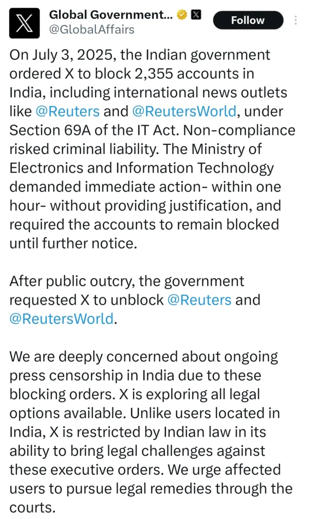 Indian Government Asks X to Block Over 2,300 Accounts, Including Reuters; Later Denies Action
