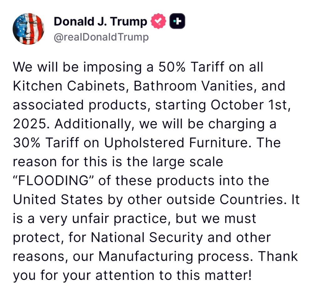 Trump Announces New Tariffs: 100% on Branded Pharma, 50% on Kitchen Cabinets, 30% on Upholstered Furniture & 25% on Heavy Trucks from Oct 1, 2025