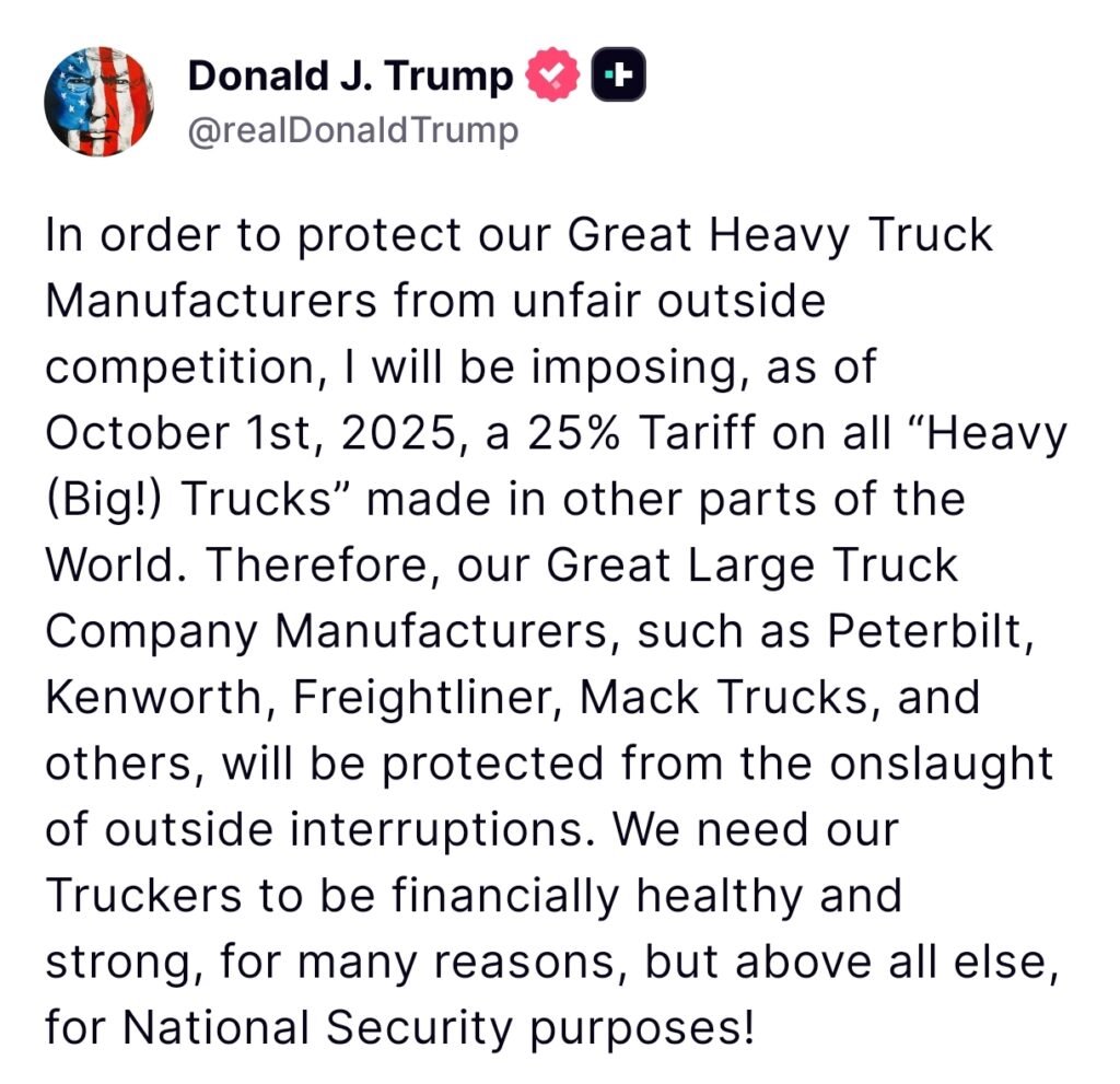 Trump Announces New Tariffs: 100% on Branded Pharma, 50% on Kitchen Cabinets, 30% on Upholstered Furniture & 25% on Heavy Trucks from Oct 1, 2025