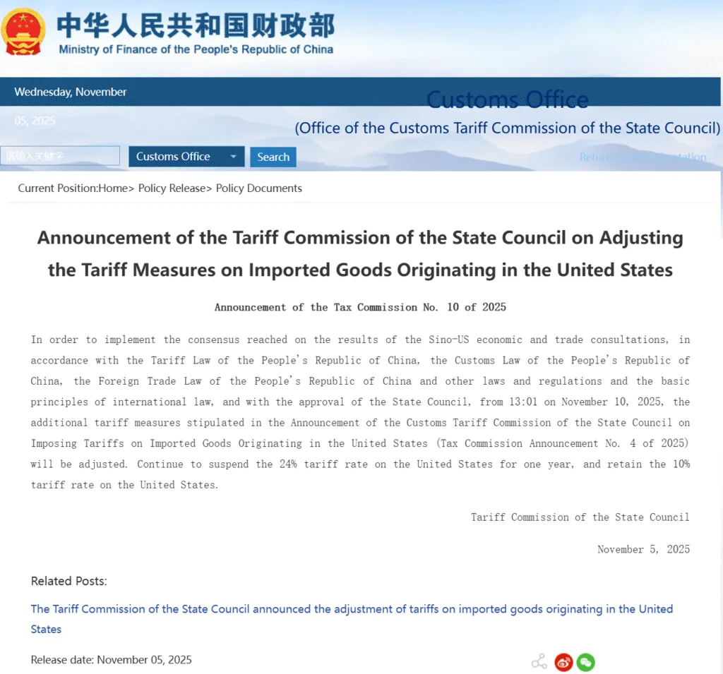 China to Lift Some Tariffs on U.S. Imports Starting November 10, 2025