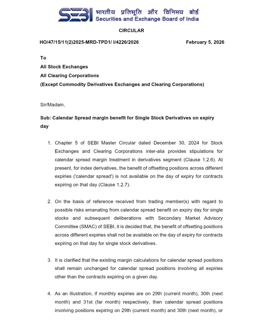 SEBI Removes Calendar Spread Margin Benefit on Expiry Day for Single Stock Derivatives