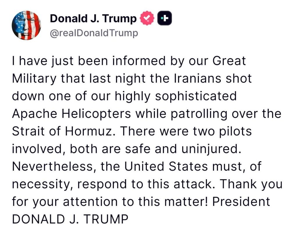 Trump Claims Iran Downed US Apache as Oil Jumps, Stocks Sink
